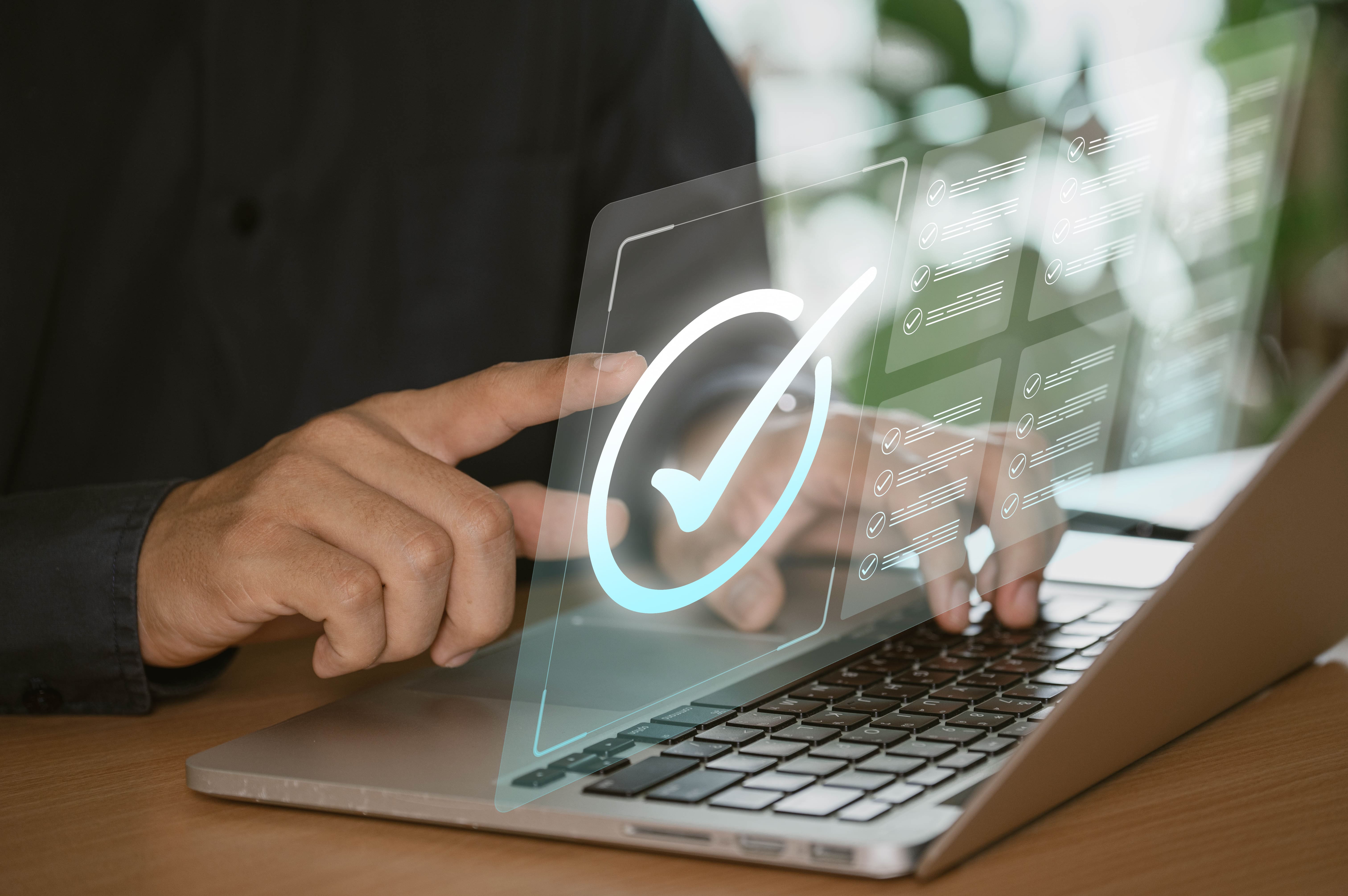 businessman manages files well home by using his laptop choose approve box task management using checklist clipboard document management system dms process automation min